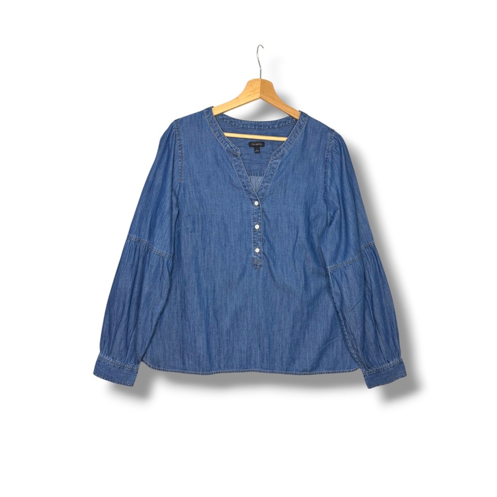 Talbots Blue Lantern Sleeve Denim Popover Blouse Women's L Split Neck Cotton Top